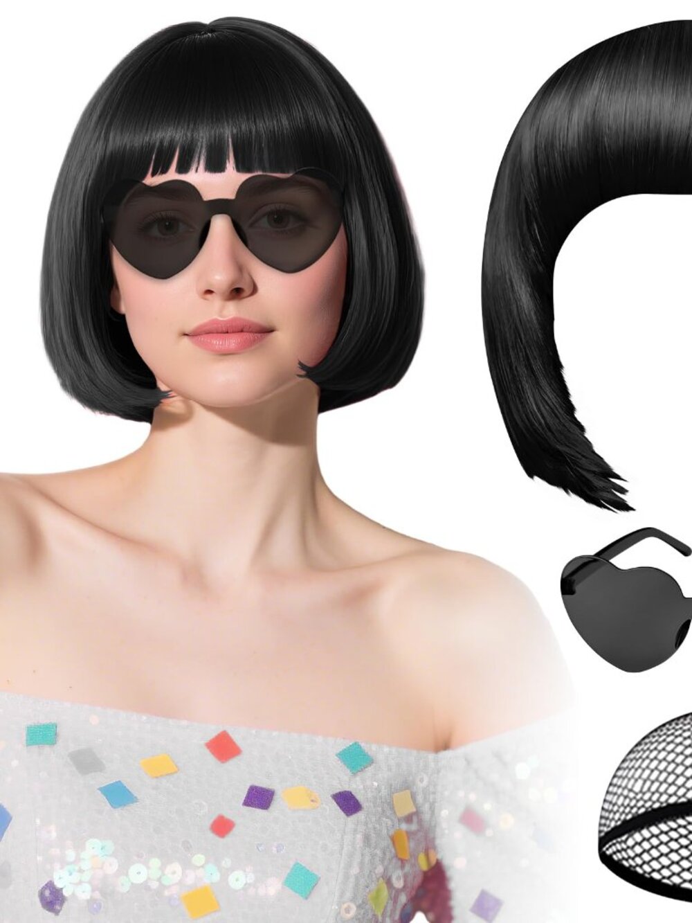 New PLULON Yellow Bob Wig with Heart Sunglasses and Hair Cap